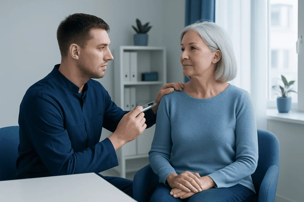 Doctor administering botulinum toxin treatment to a senior woman.