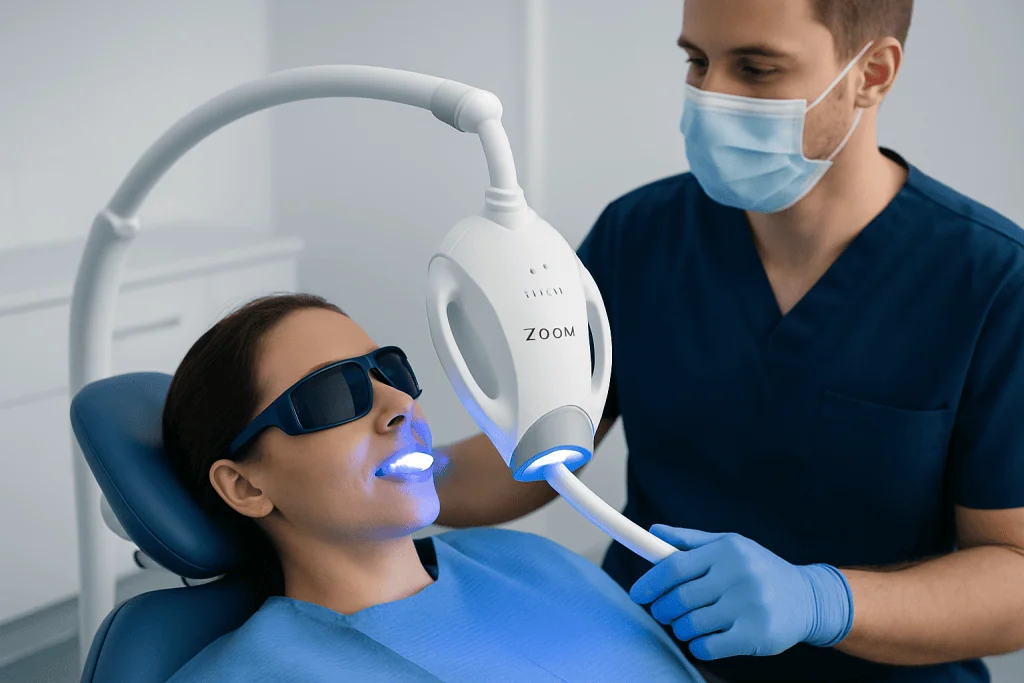 Dental patient undergoing Zoom teeth whitening treatment in a clinic setting.