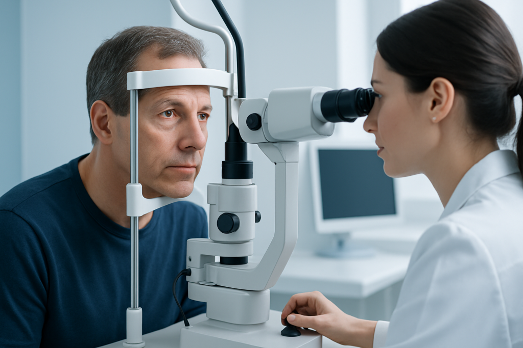 Ophthalmologist examining patient's eye with slit lamp in clinic.