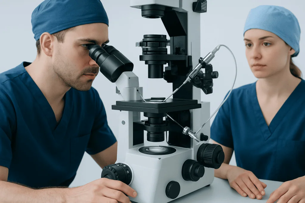 Fertility specialists examining samples with a microscope at Acibadem Hospitals Group.