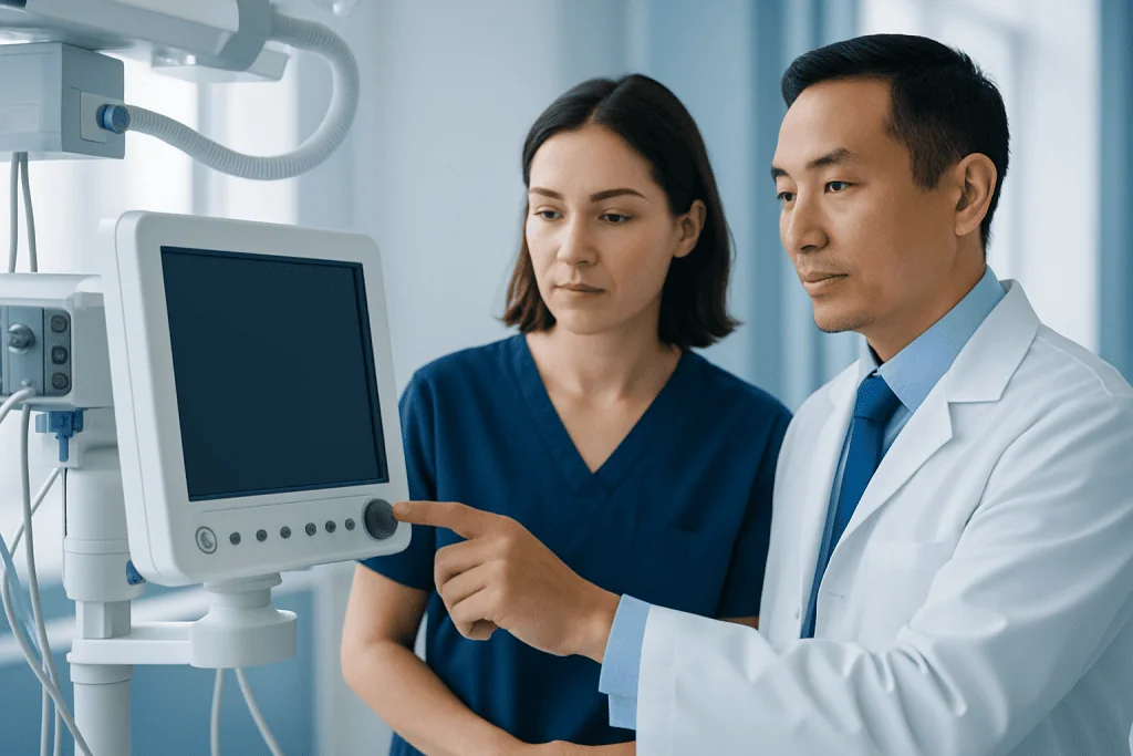 Medical professionals reviewing patient data on a monitor in a hospital setting.