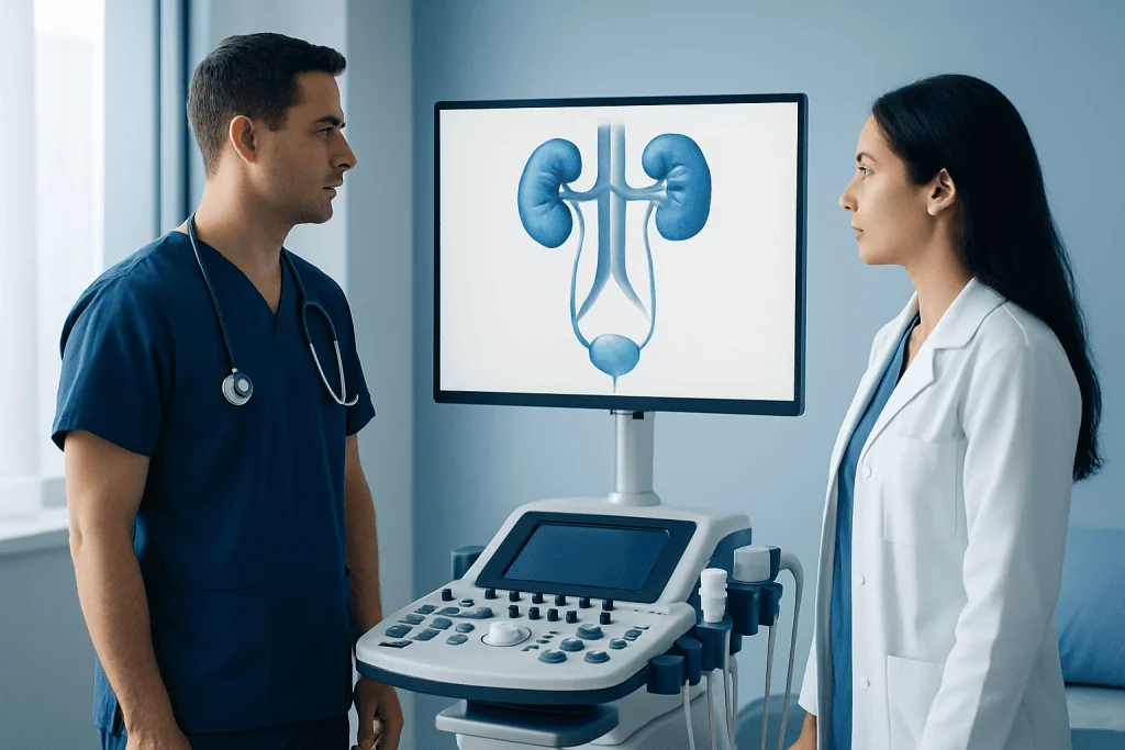 Medical professionals discussing ureter anatomy with ultrasound equipment present.