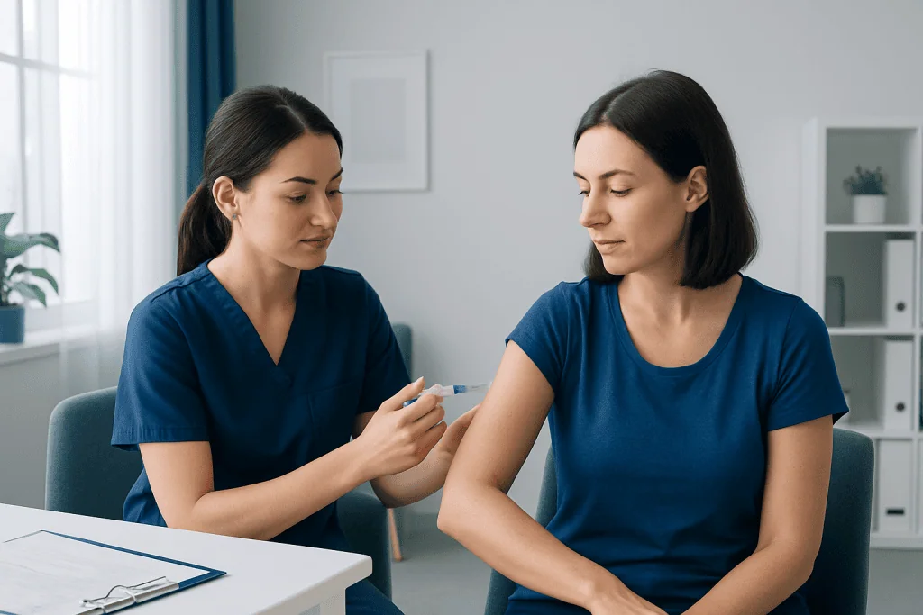Nurse administering chickenpox vaccine to a patient in a clinical setting.