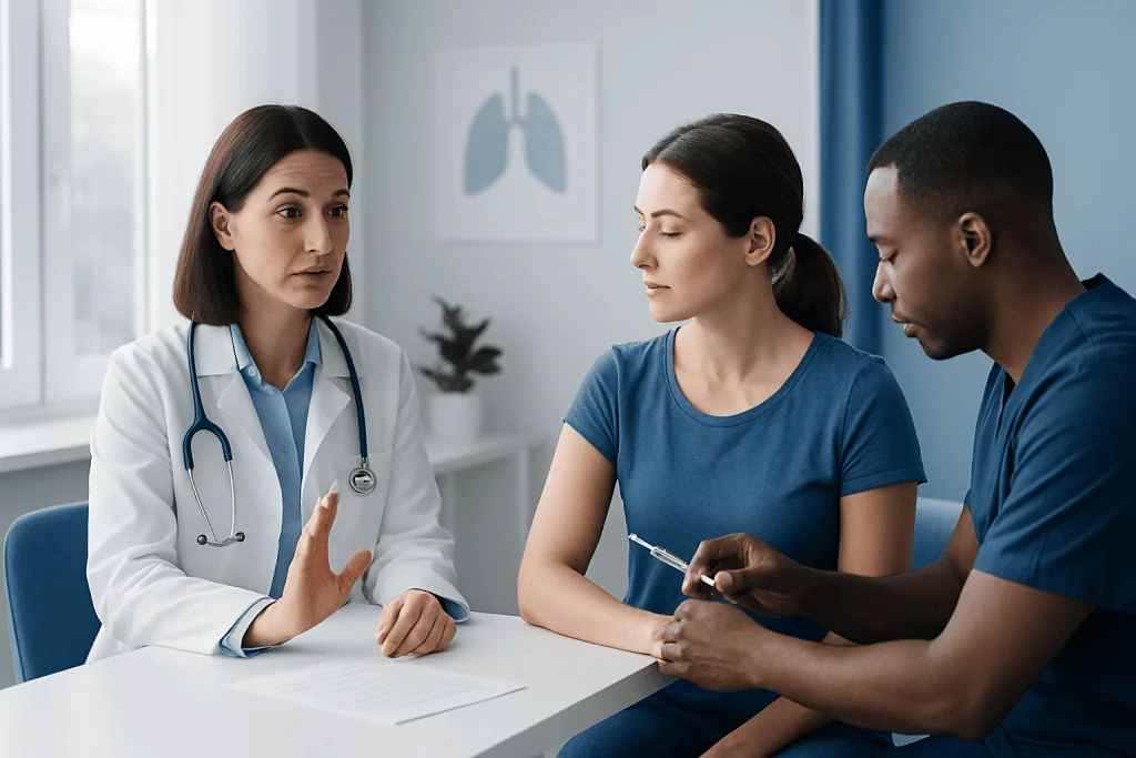 Doctor consulting with a patient and companion in a medical office.