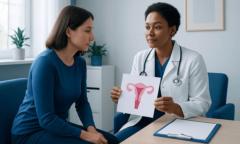 Doctor explaining vaginal anatomy to patient with diagram in a consultation room.