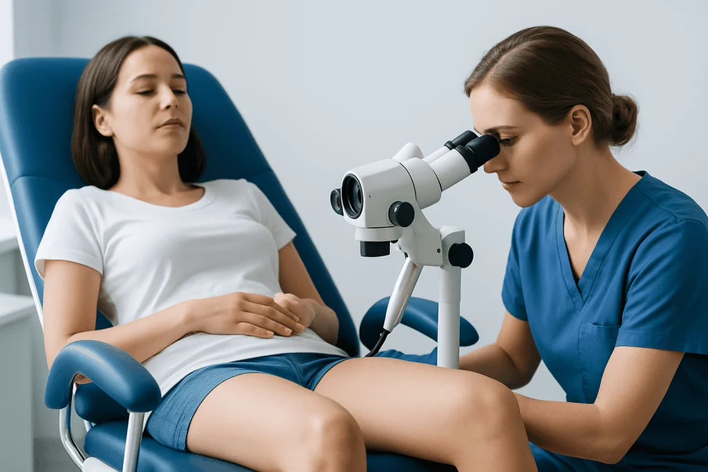 Gynecologist examining patient with microscope in a medical clinic.