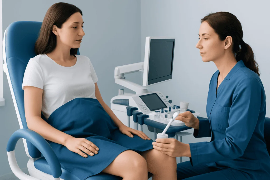 Gynecologist performing ultrasound exam on patient in clinic.