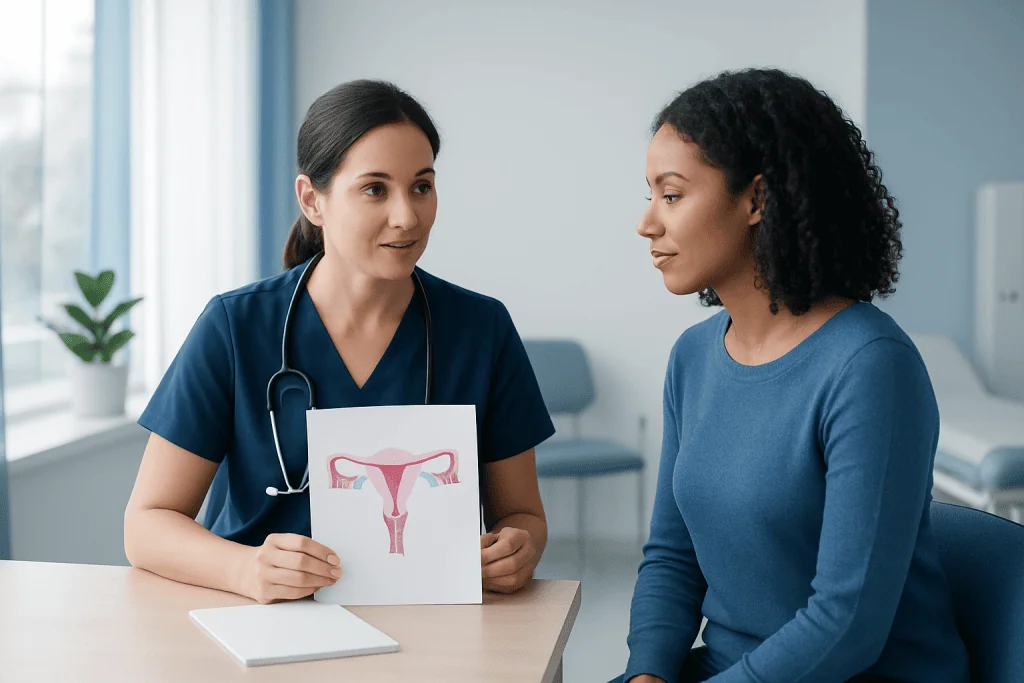 Gynecologist explaining uterine health to patient in consultation room.