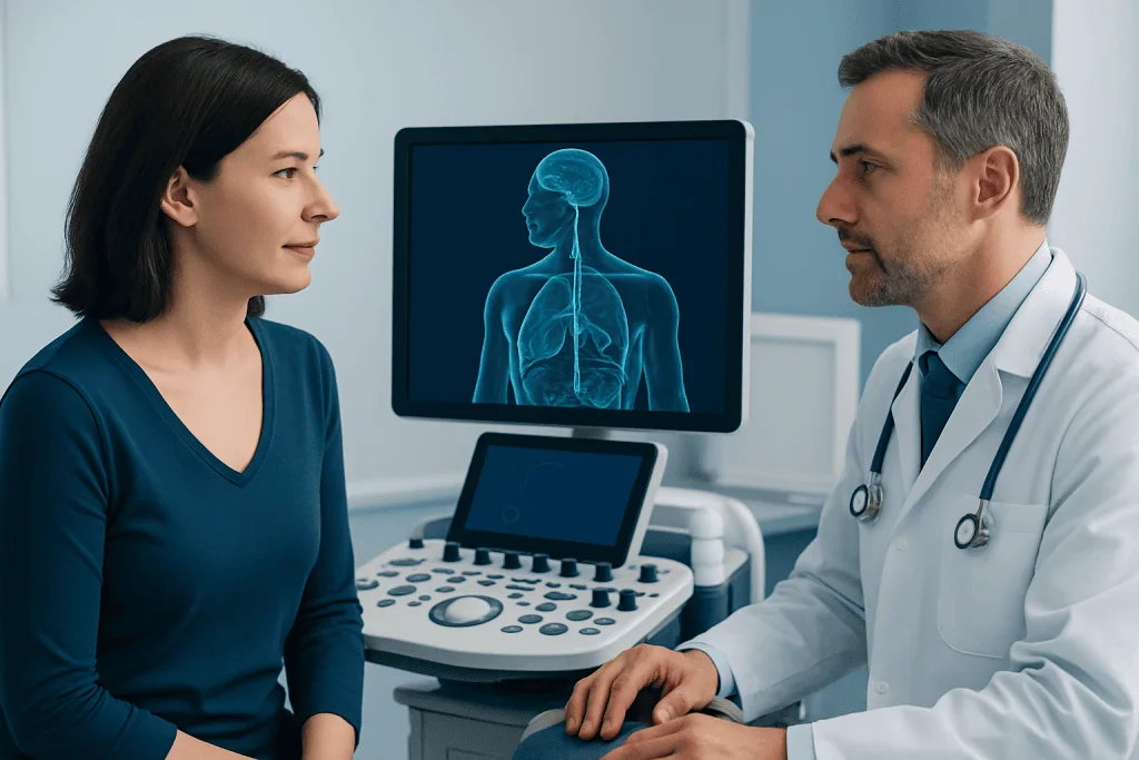 Doctor explaining vagus nerve to patient in medical consultation room.