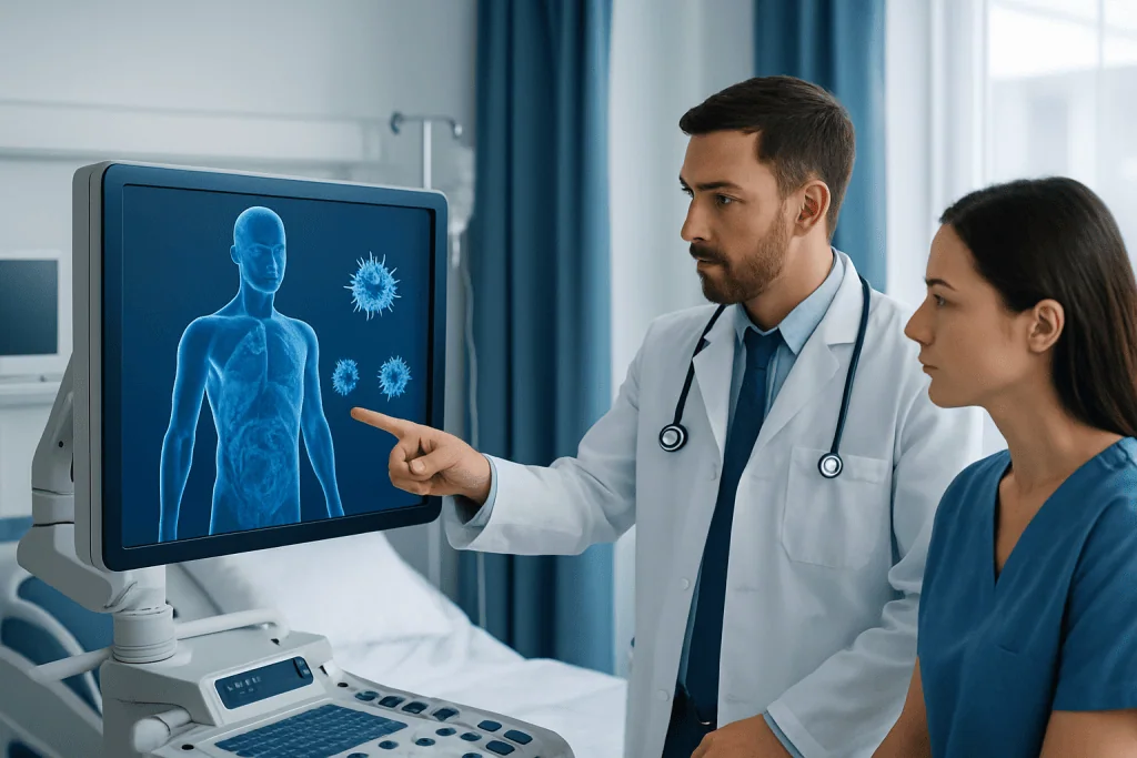 Doctors analyzing a digital medical scan of the human immune system and viruses.