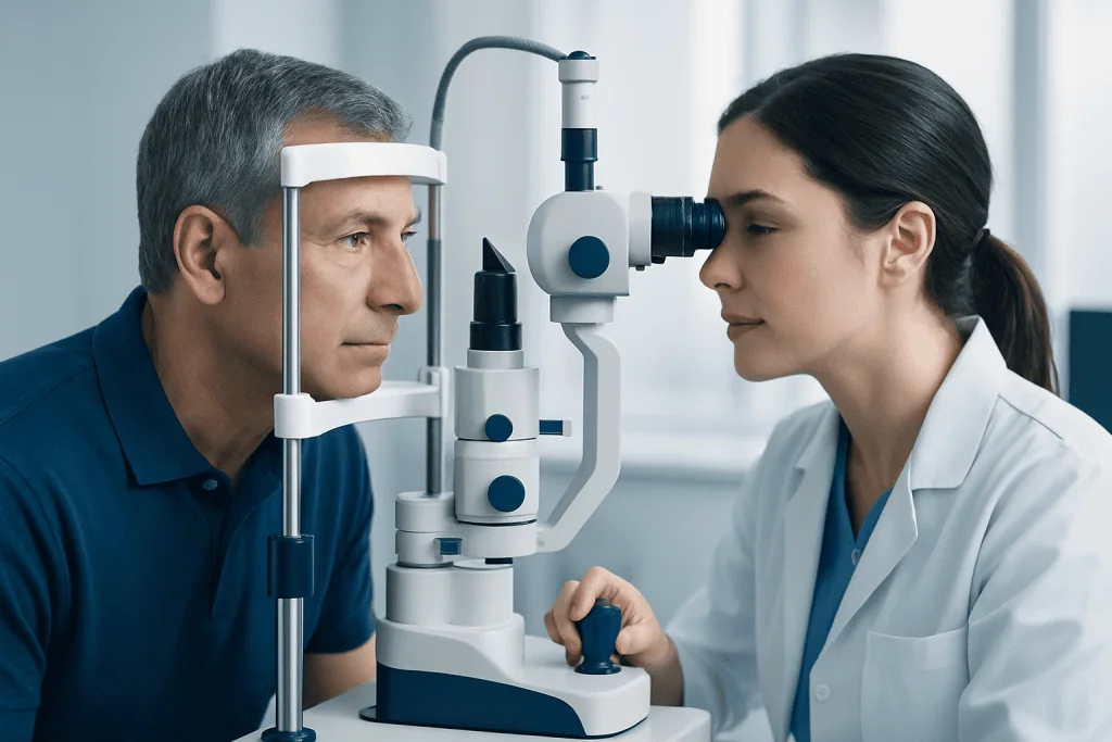 Ophthalmologist examining patient's eye with slit lamp microscope.