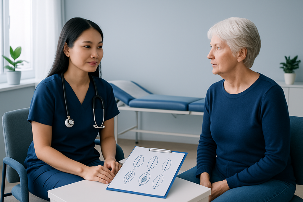 Medical consultation with a healthcare professional and an elderly patient discussing vaginal health.