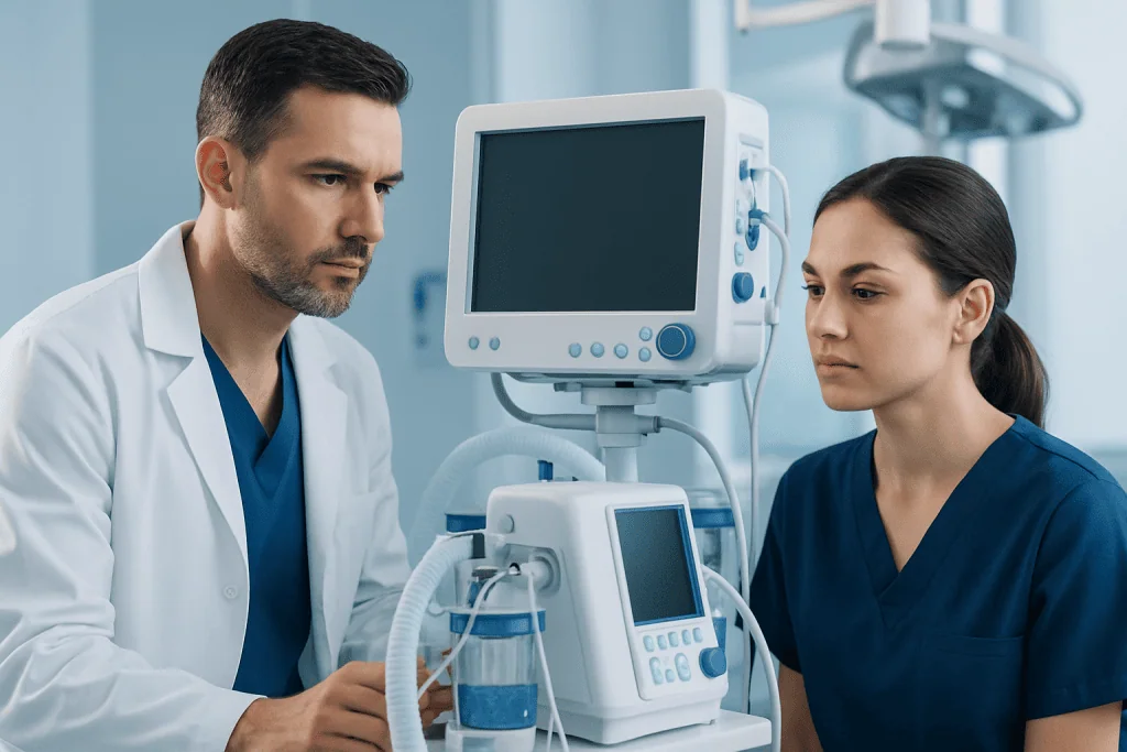 Medical professionals monitoring patient with ventilator in hospital.