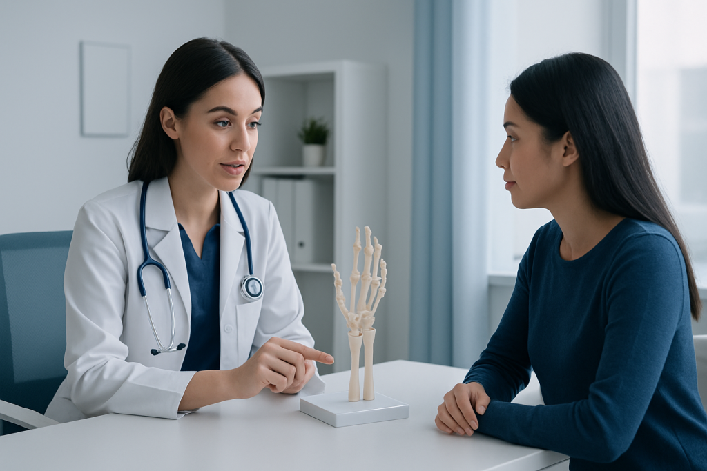 Doctor explaining wrist bones to patient in a medical consultation.