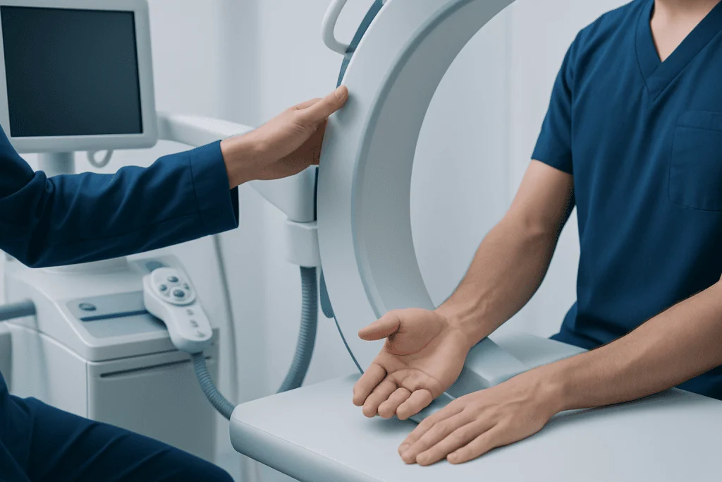 Medical imaging procedure for wrist examination at Acibadem Hospital.