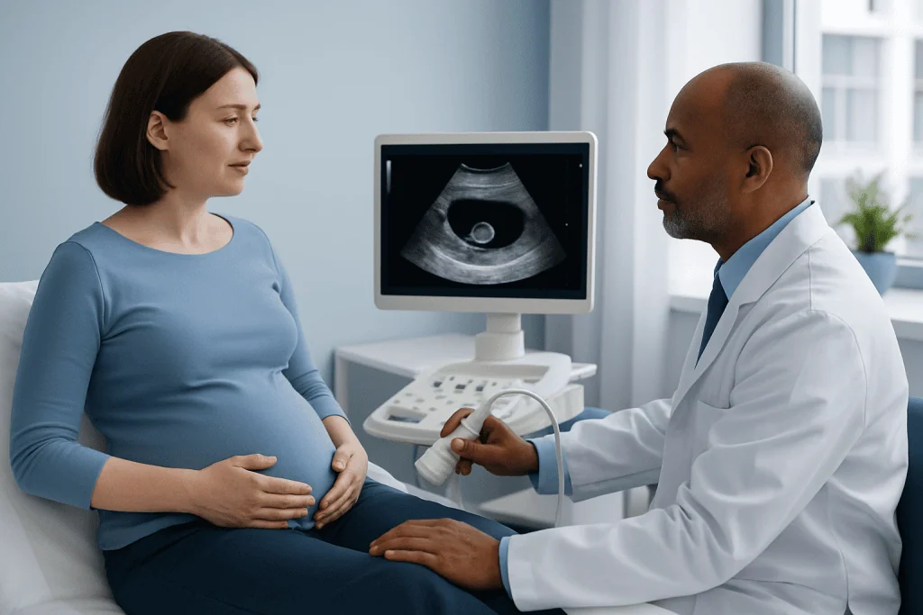 Obstetrician performs ultrasound on pregnant woman in clinic.