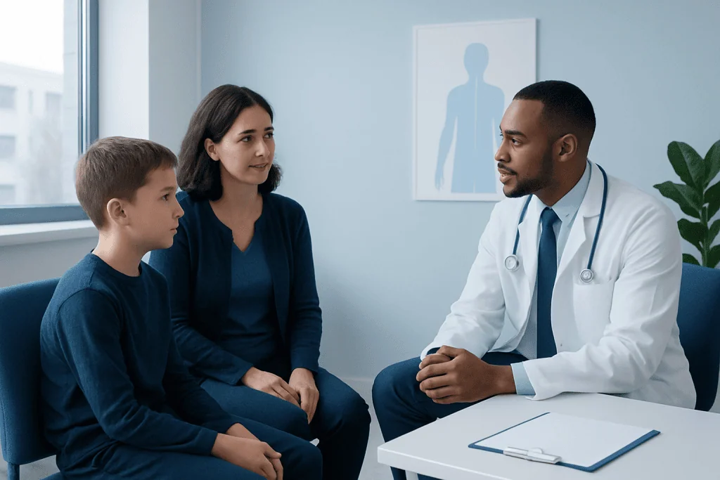 Doctor consulting with a mother and son in a medical office.