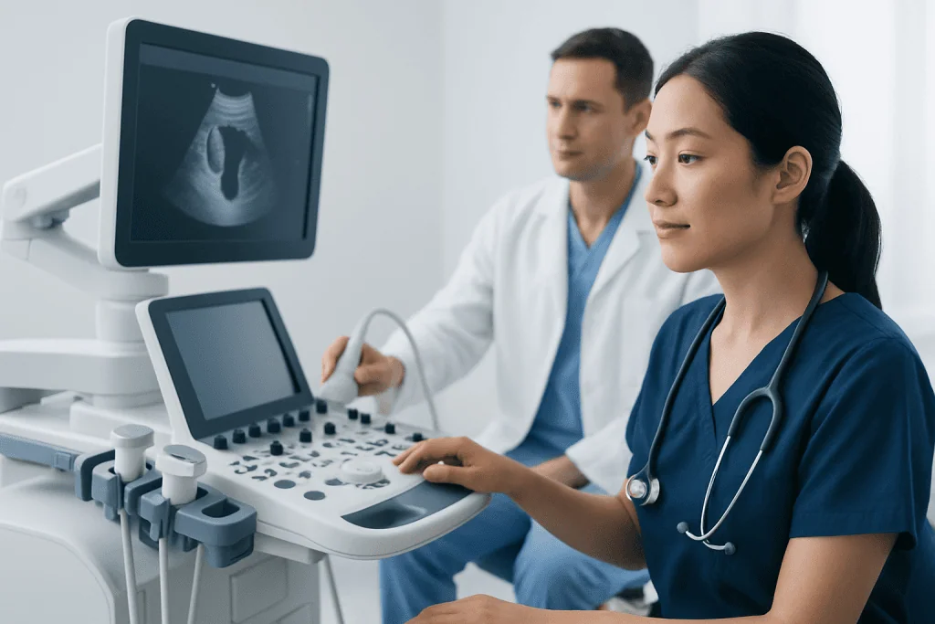 Medical professionals performing an ultrasound examination in a clinical setting.
