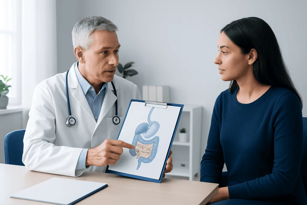 Doctor explaining digestion process to patient with stomach diagram.