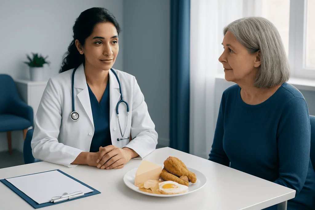 Doctor discussing cholesterol-rich foods with a patient in a clinic setting.