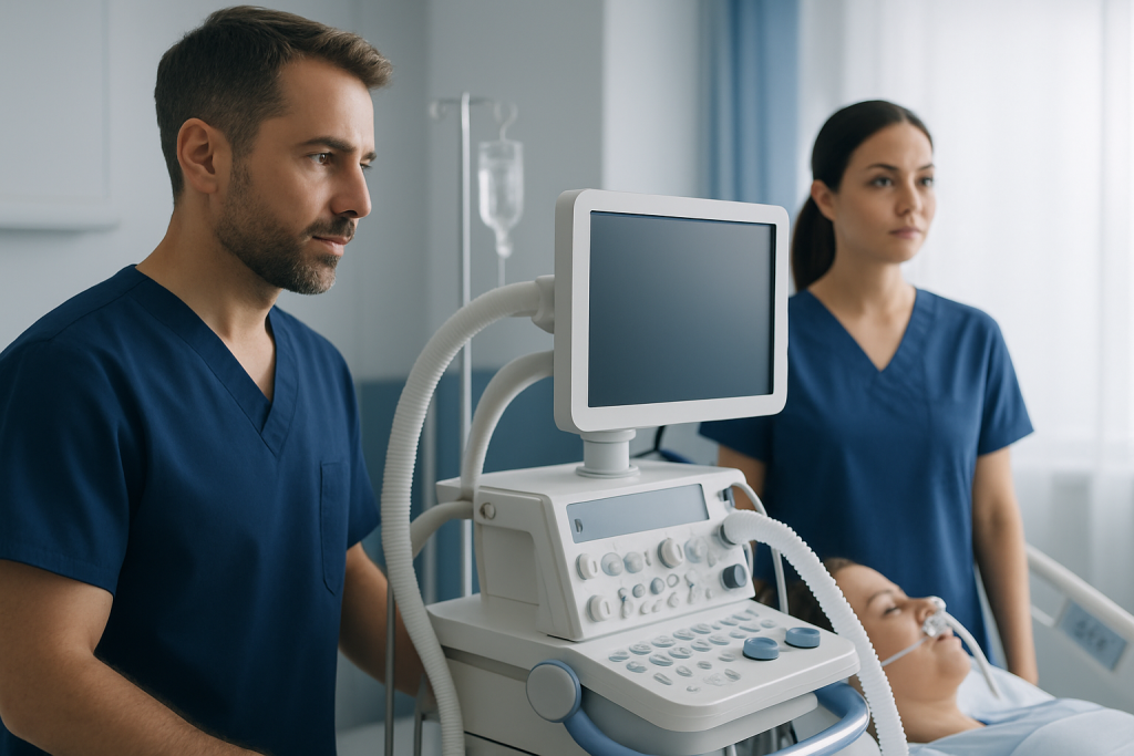 Medical professionals using ultrasound equipment in a hospital room.
