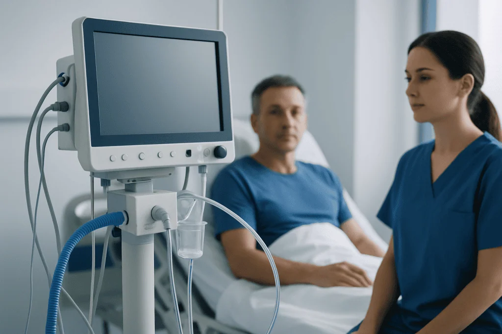 Medical monitor in hospital room with patient and nurse.
