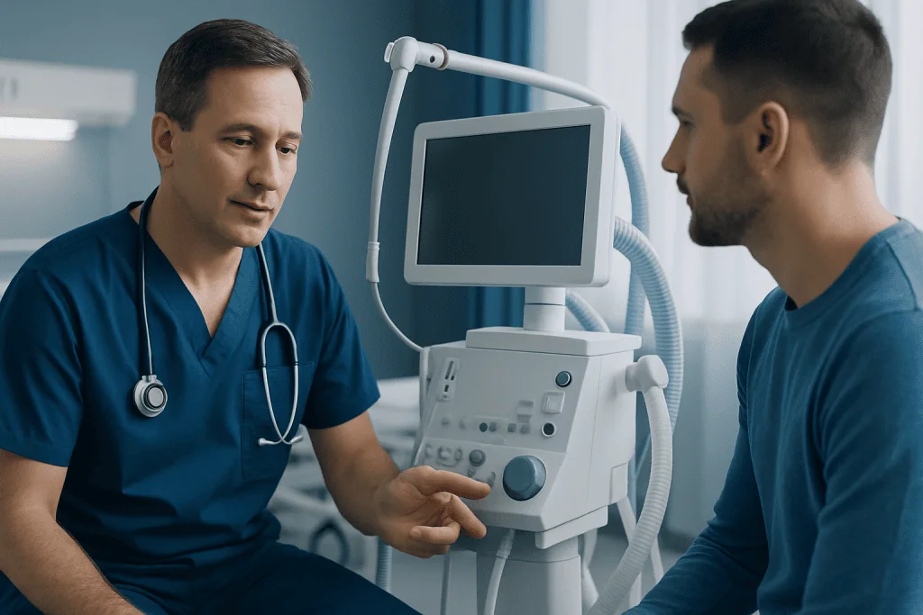 Doctor explaining medical device to patient in hospital room.
