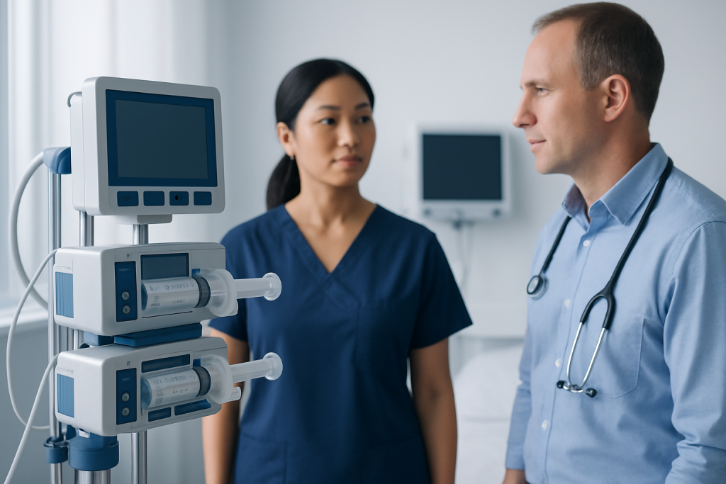 Medical professionals discussing patient care in a hospital setting.