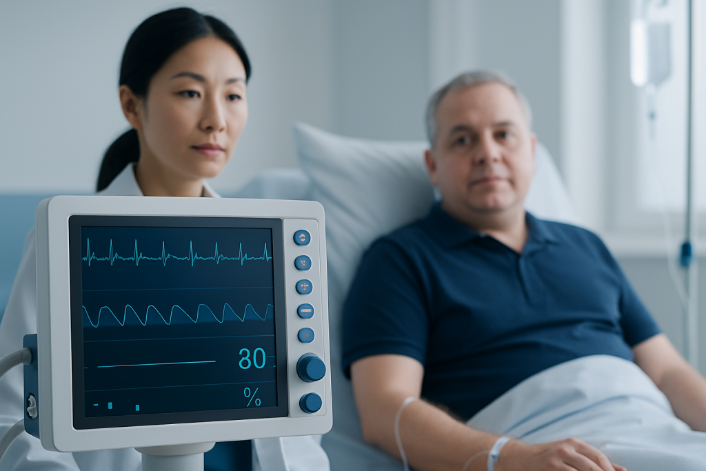 Patient in hospital bed with monitoring equipment in a medical setting.