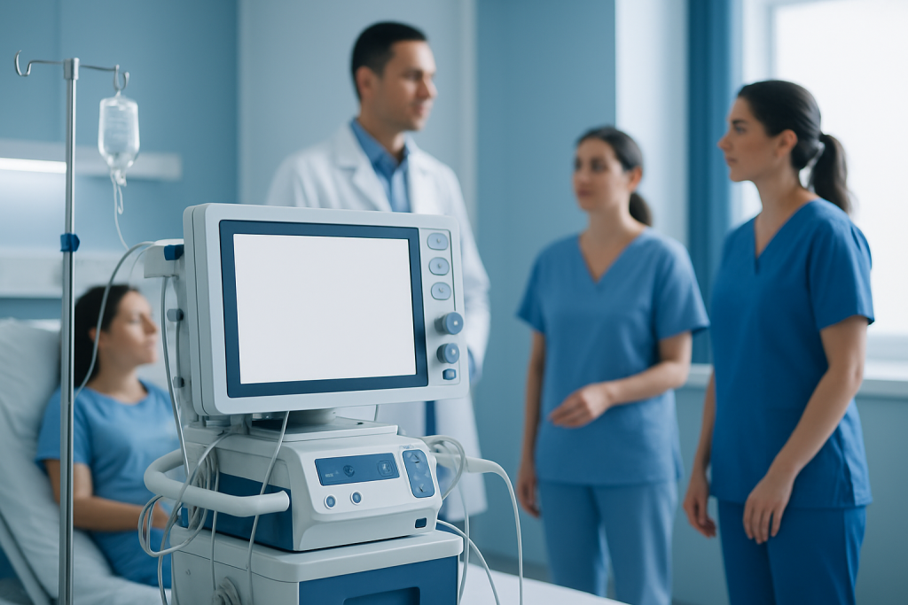 Medical team discussing patient care in hospital room with monitoring equipment.