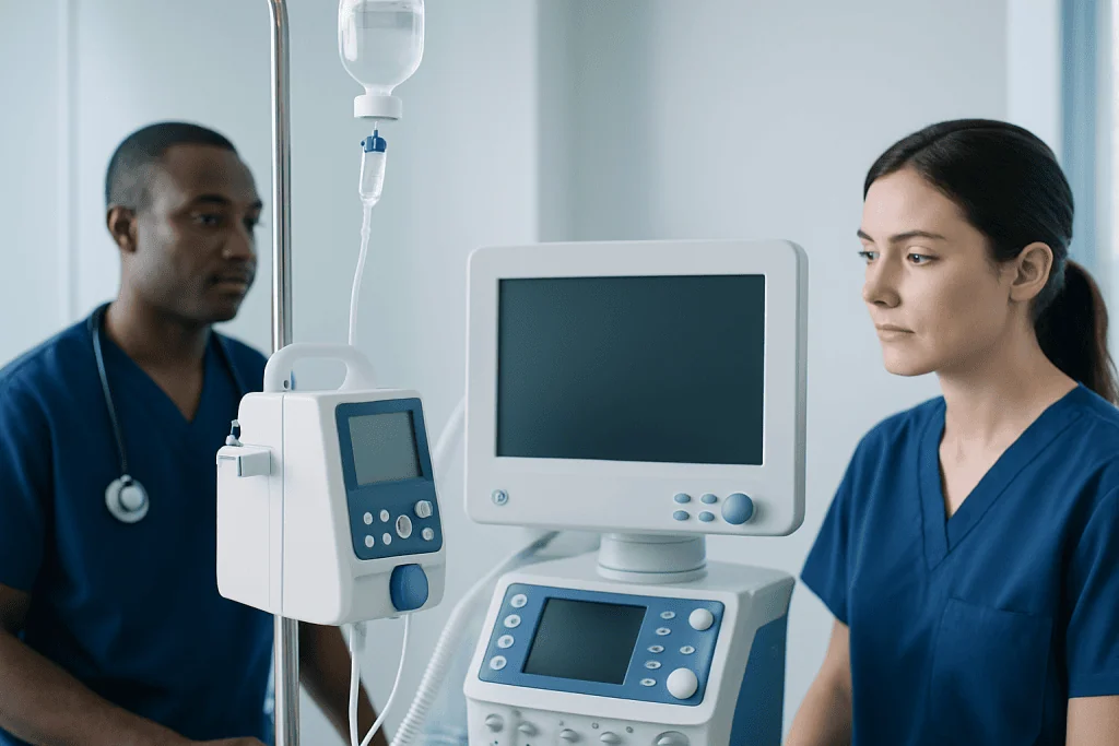 Medical professionals in a hospital room with monitoring equipment.