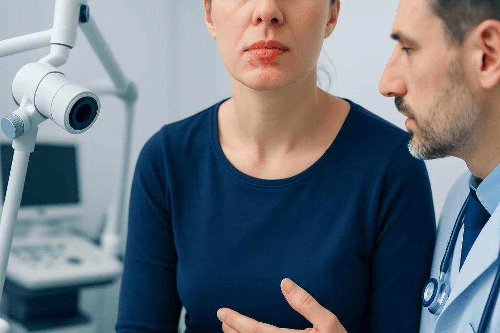 How these spots can look and feel — red splotches on top of mouth
