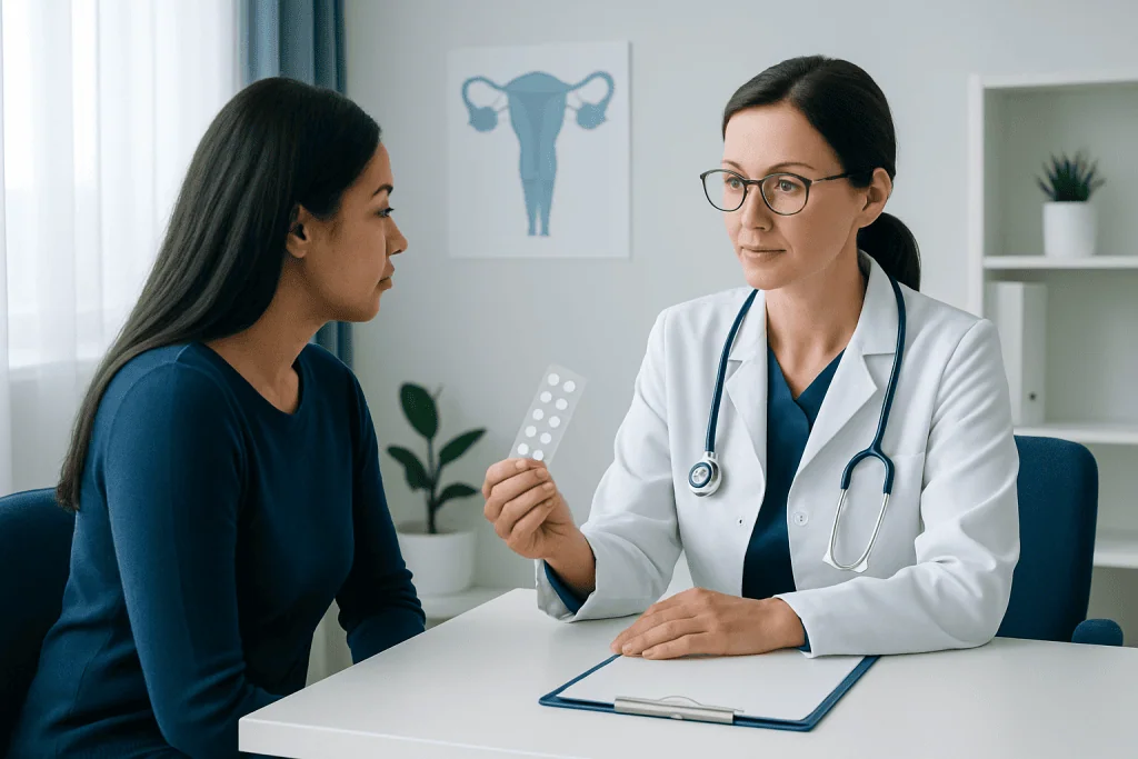 Doctor explaining menstrual tablets to a patient in a clinic setting.
