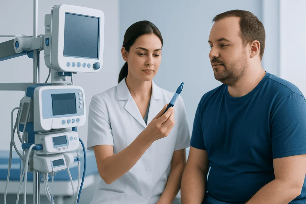 Doctor explaining medical results to a patient in a hospital setting.
