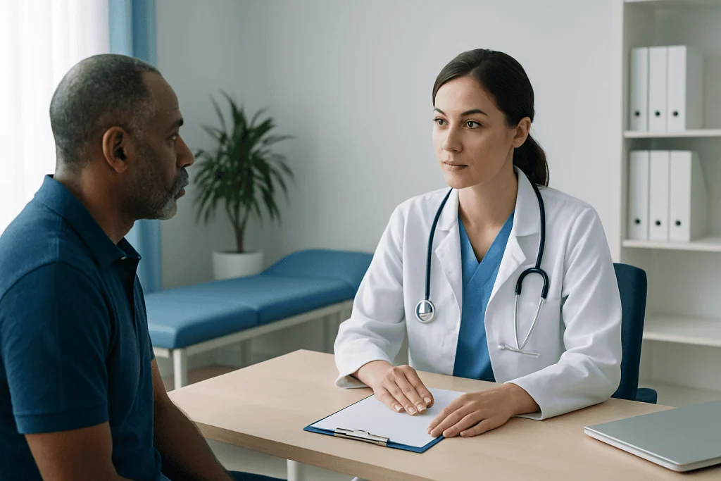 Doctor consulting with a patient in a medical office.