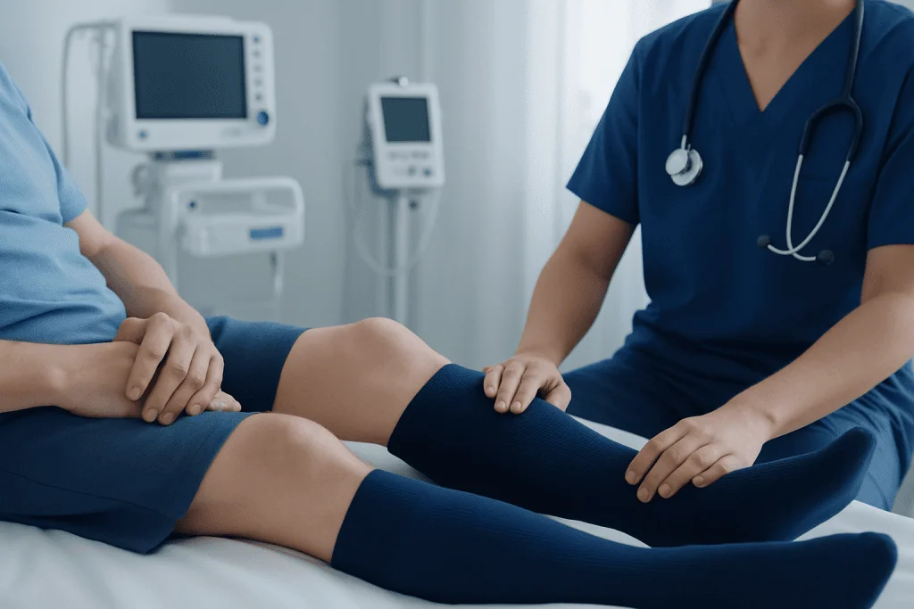 Doctor examining patient's leg in a hospital setting.