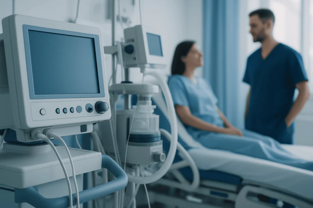 Hospital room with medical monitors and a patient talking to a healthcare professional.