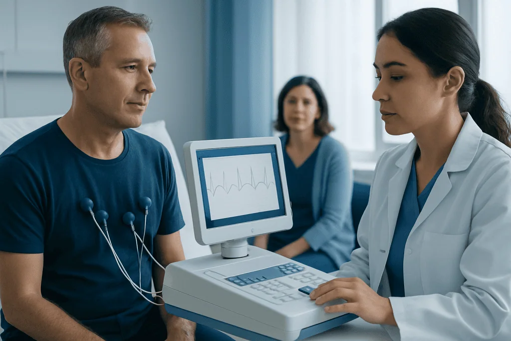 Medical examination of a patient with an ECG monitor at Acibadem Hospital.
