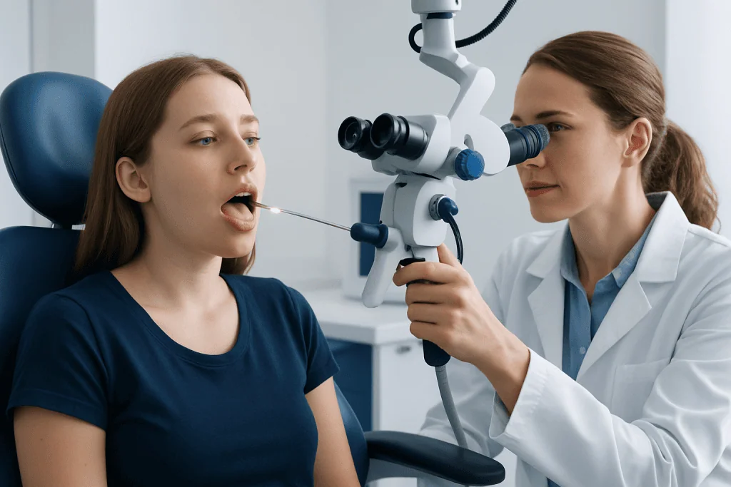 ENT specialist examining patient's throat with a microscope.