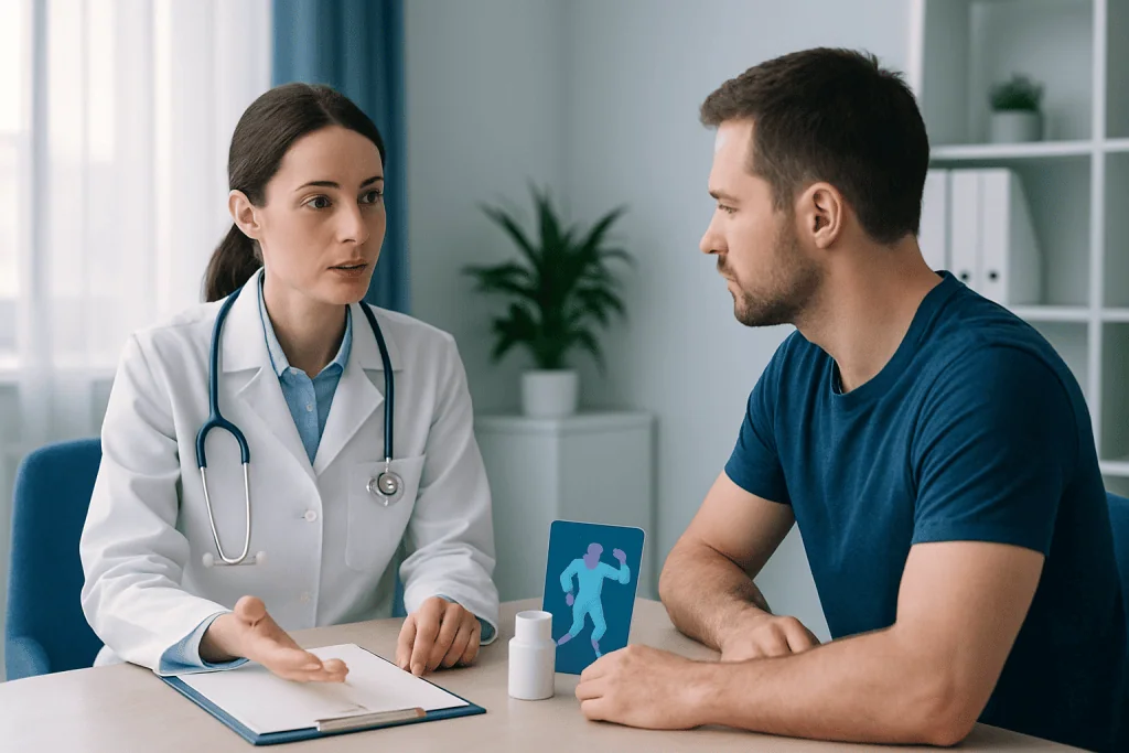 Doctor consulting with a male patient in a modern clinic setting.