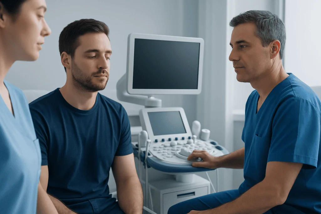 Medical consultation with healthcare professionals in a clinical setting.