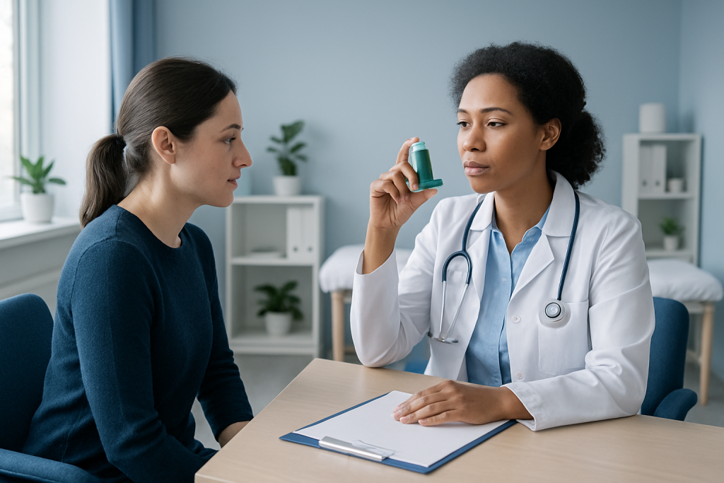 Doctor explaining inhaler use to patient in clinic setting.