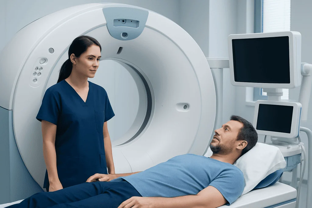 Medical professional prepares patient for MRI scan at Acibadem Hospital.