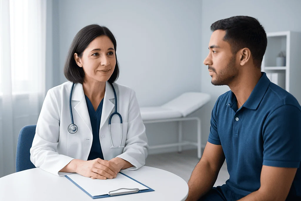 Doctor consulting with patient in a medical office setting.