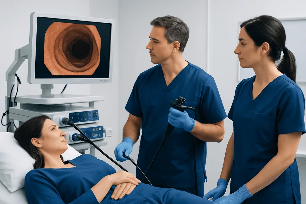Medical professionals perform an endoscopy on a patient in a hospital setting.