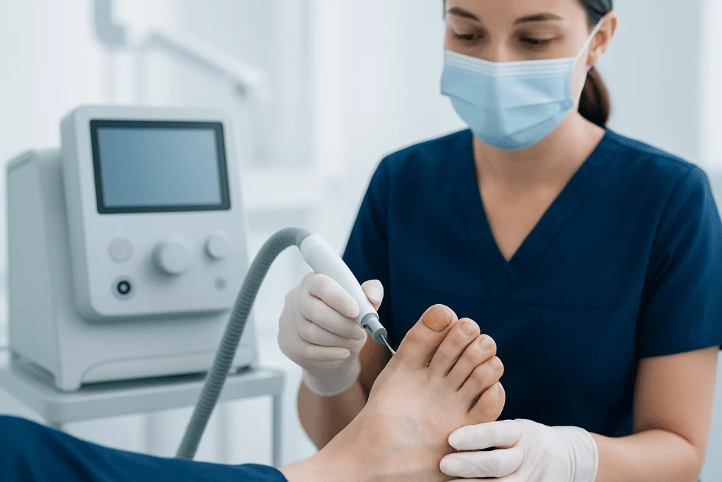Podiatrist performing a foot examination with medical equipment in clinic.
