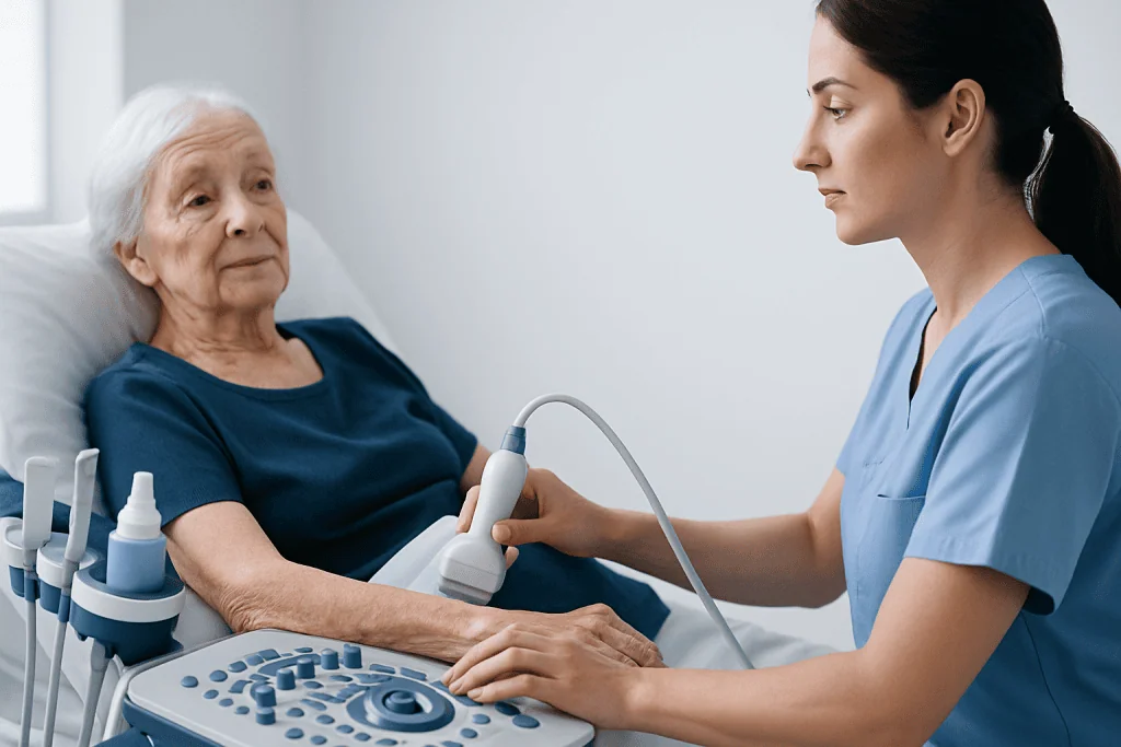 Medical professional performing ultrasound on elderly woman in hospital bed.