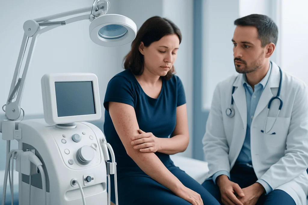 Doctor examining a patient with ultrasound in a hospital room.