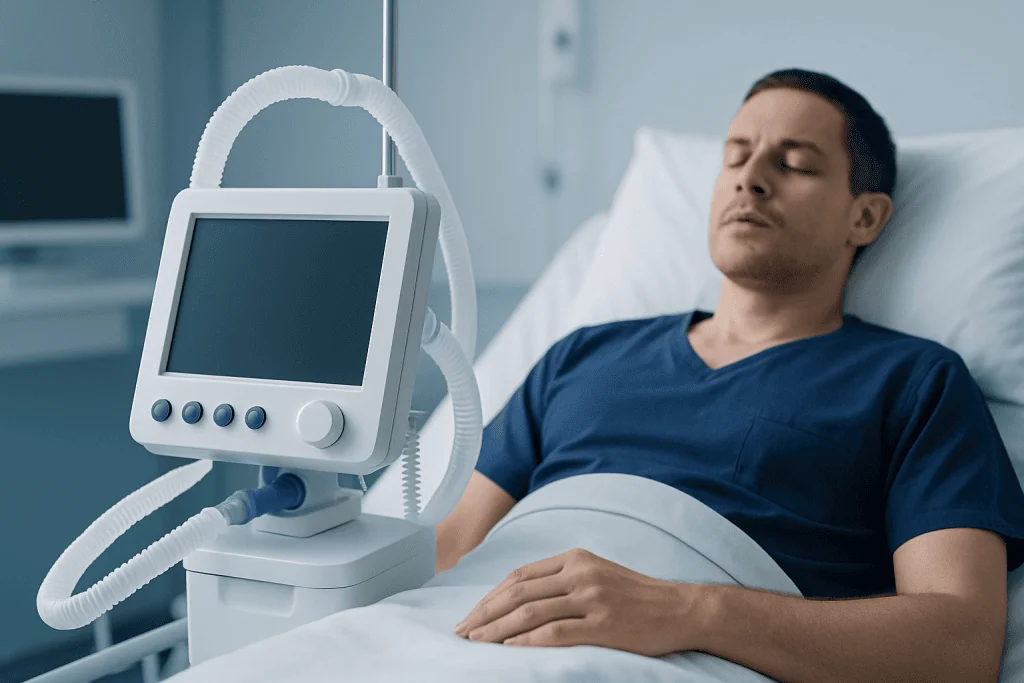 Patient in hospital bed connected to medical ventilator for respiratory support.