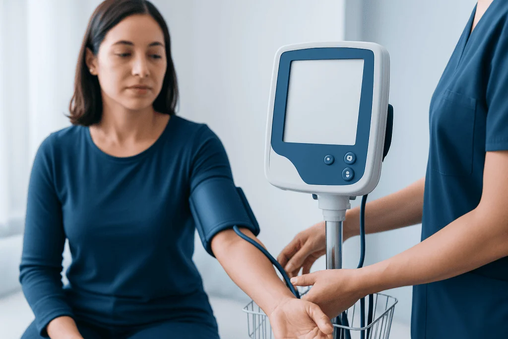 Healthcare professional measuring blood pressure of a woman patient.